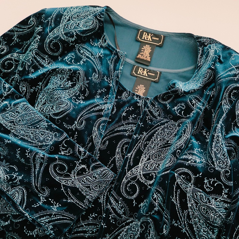 R&K Evening 2 Piece‎ Set Teal Blue Velvet Paisley Glitter Womens 20W